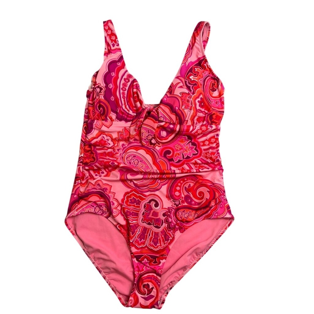Lauren Ralph Lauren One Piece Swimsuit‎ Womens 16 Pink Red Paisley Tie Front